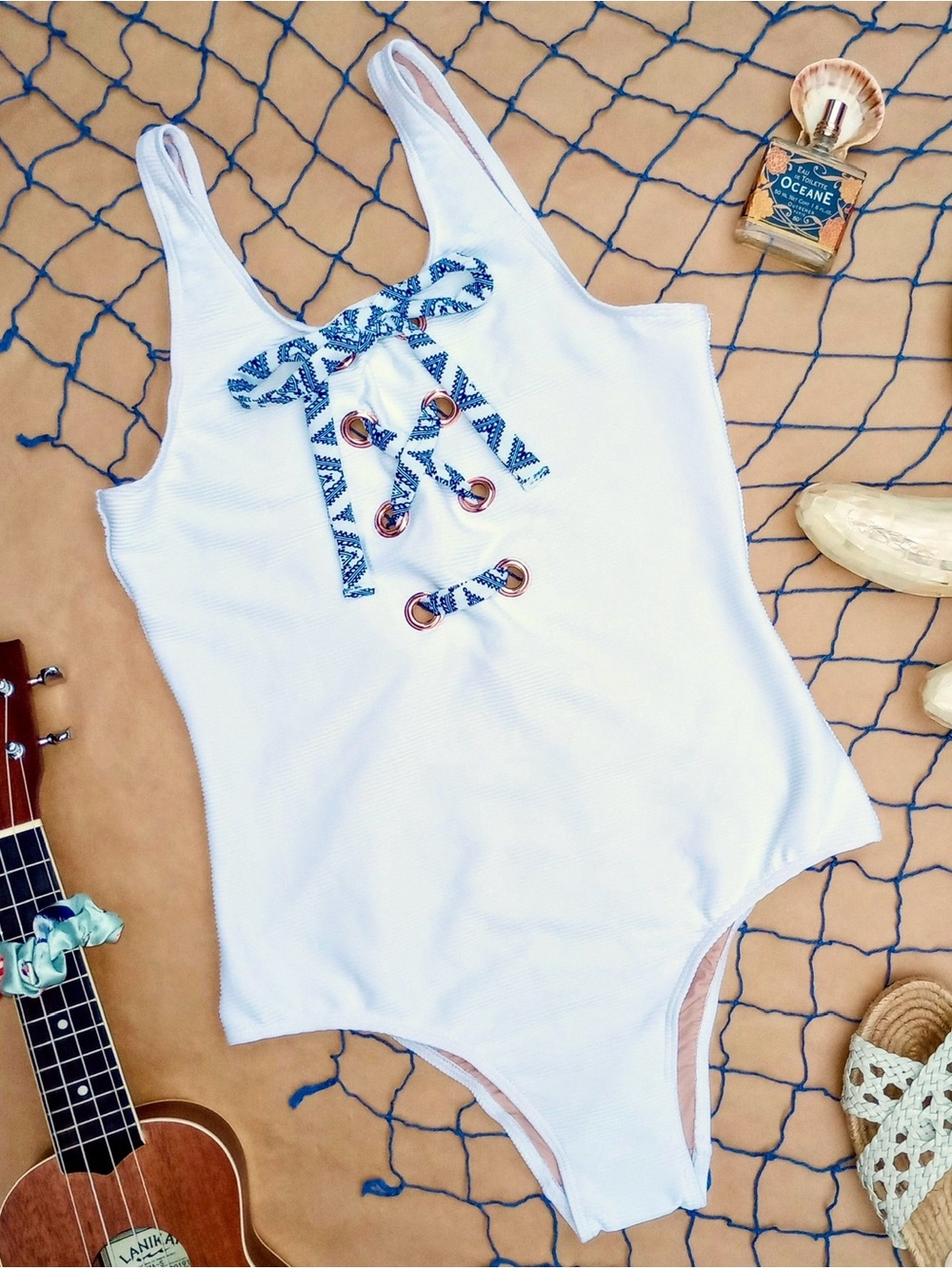 Tart Collection ❉ Tie Front Blakely Backless Ribbed One Piece Swimsuit White L